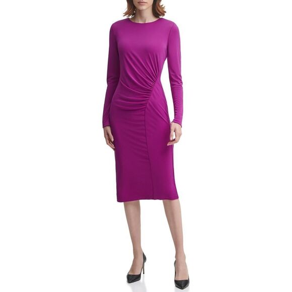 New! DONNA KARAN Side-Ruched Long Sleeve Matte Jersey Midi Sheath Dress Magenta - Picture 1 of 4